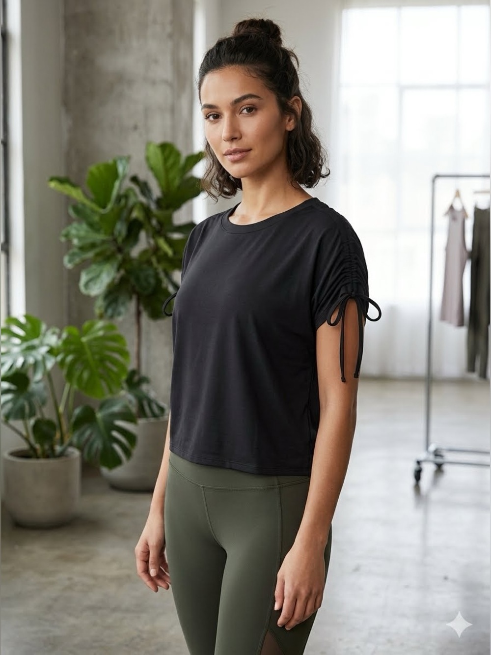 Mono B Black Short Sleeve Crew Top with Ruched Drawstring Sleeves